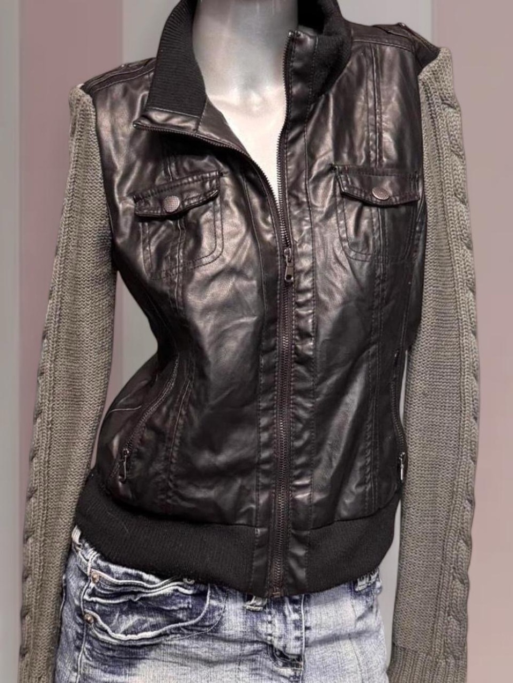 Y2K Faux-leather Jacket with knit sleeves